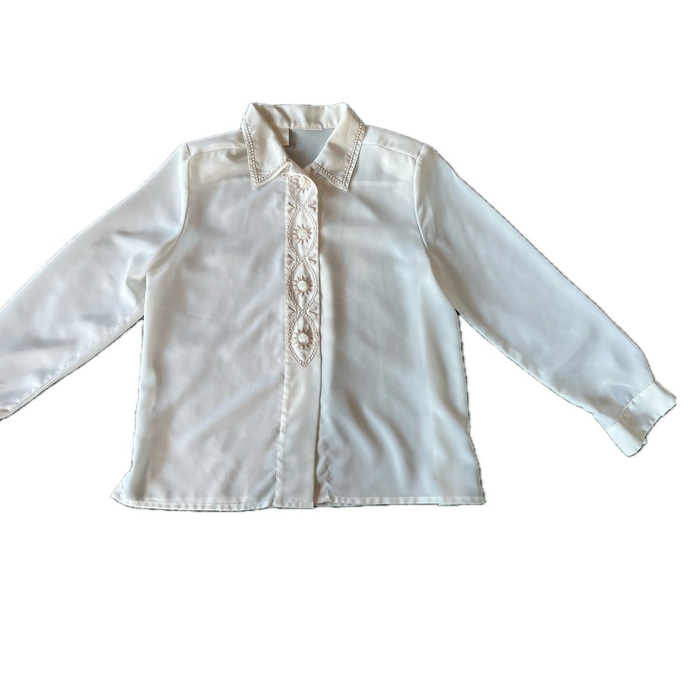 Vintage Ivory White Embroidered Blouse Pearl Trim Sunburst Button Up Top Size L